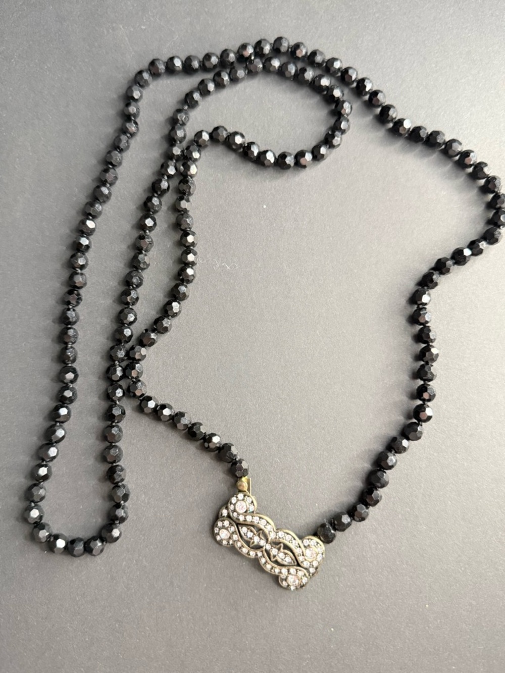 Black Beaded Necklace with Crystal Pendant
